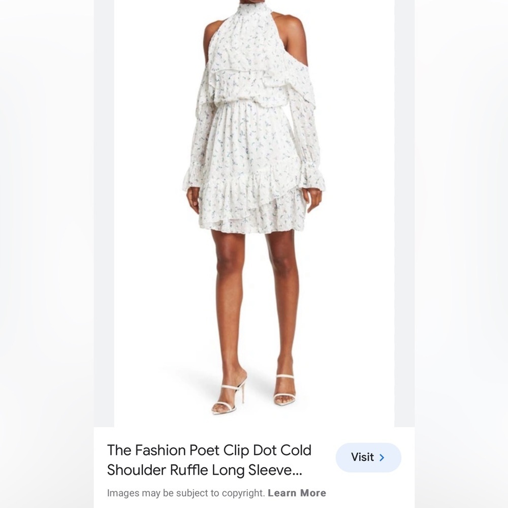 The Fashion Poet Clip Dot Cold Shoulder Ruffle‎ Long Sleeve Dress white size 8